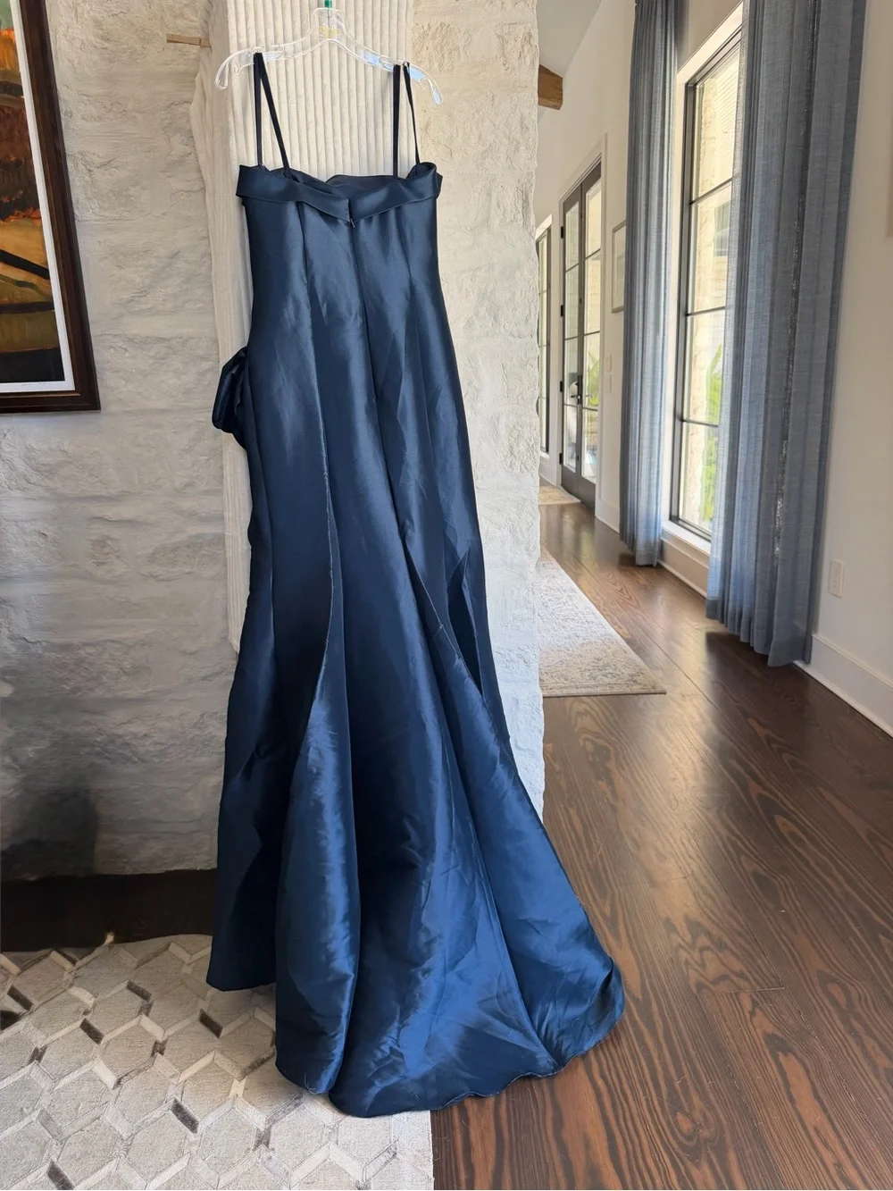 Terani Couture Strapless Navy Blue Taffeta Gown with Sculpted Rosette - Picture 2 of 9